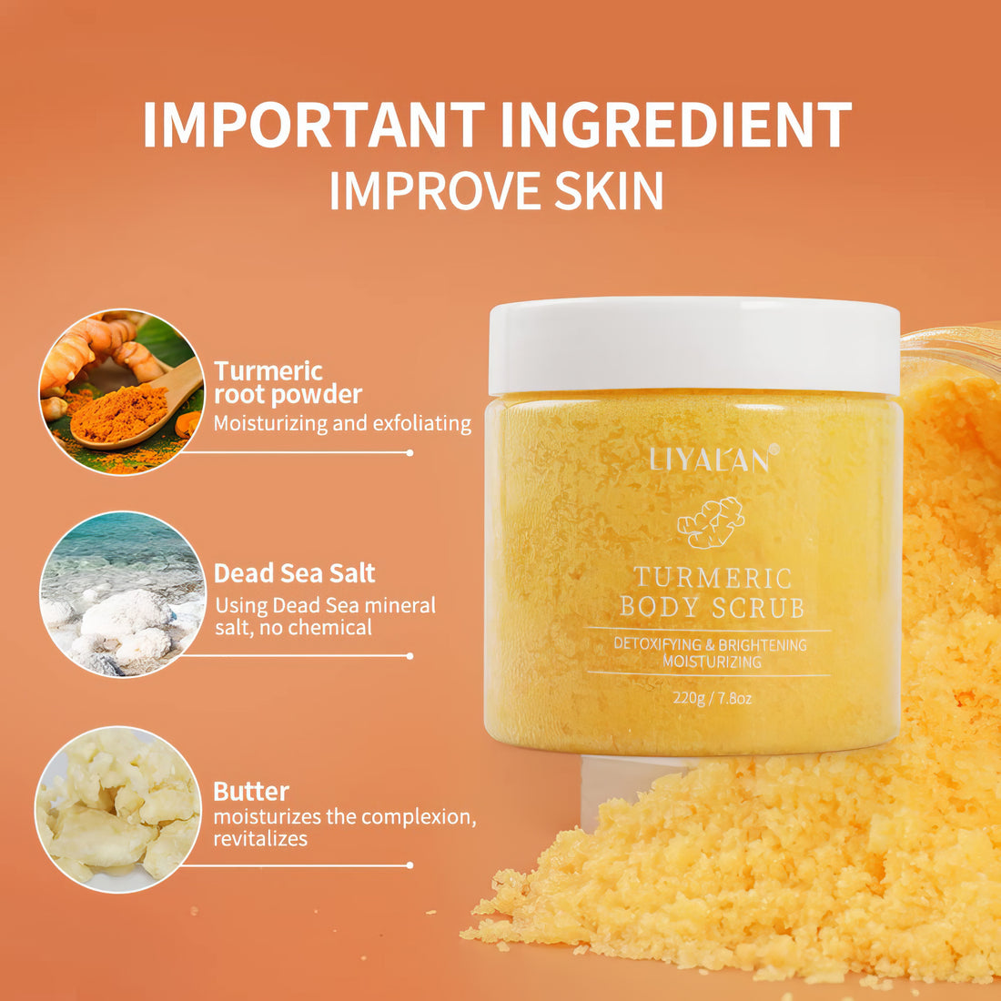 Liyalan Turmeric Body Scrub Moisturizing and Exfoliating Body, Face, Hand, Foot Scrub,Nourishes Skin,Deep Cleansing